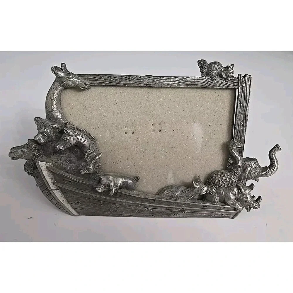 Noah's Ark Animal Picture Frame 3 1/4 x 4 1/2 Inch Photo Pewter Tone Metal Bible